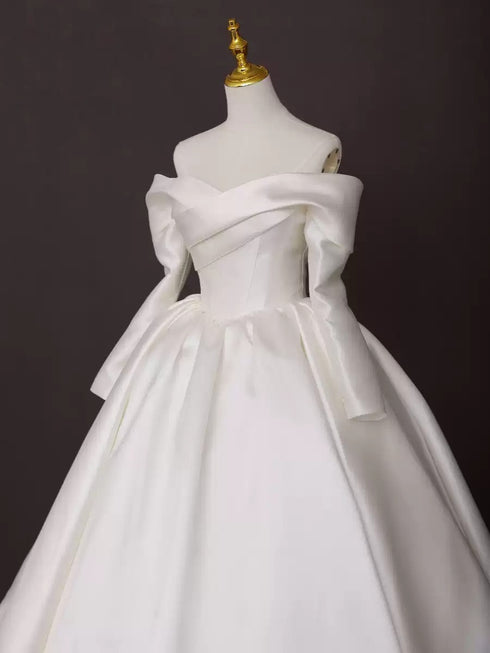 Off the Shoulder Long Sleeve Wedding Dress – Simple White Wedding Dress - Satin Wedding Dresses Long Sleeve with Corset Back Plus Size